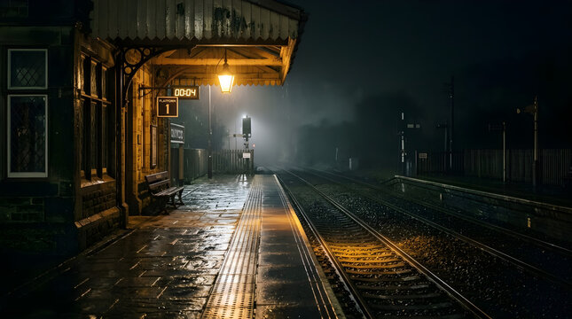 Empty railway station platform at night in the rain