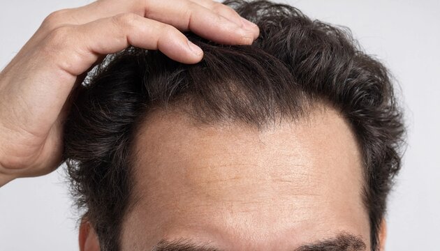 Close up of a man checking his receding hairline on forehead