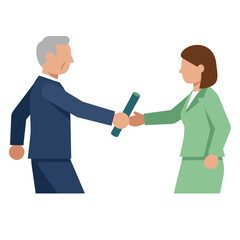 Fototapeta premium Senior businessman passes baton to female colleague in leadership transition.