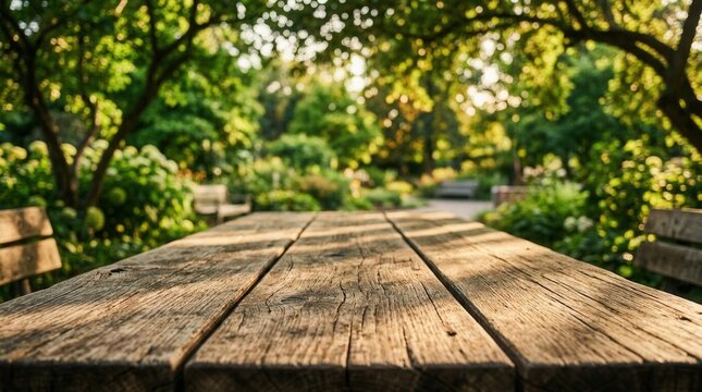 Vibrant and inviting nature scene featuring an empty wooden table and a blurred picnic background.