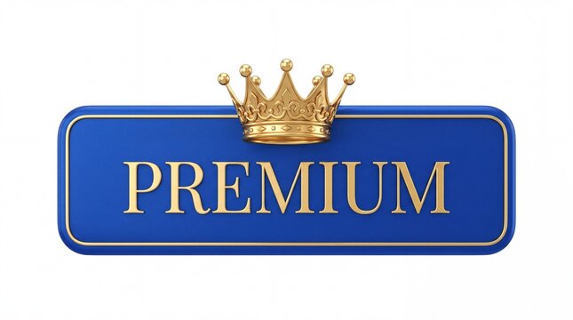 Shiny golden crown resting atop blue glossy rectangular label for premium quality marketing on white background