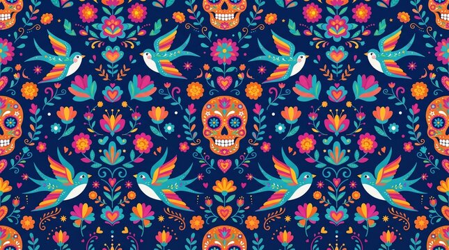 Vibrant festive folk art pattern featuring colorful skulls, flying birds, and intricate floral motifs on a dark background