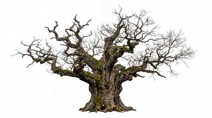 Fototapeta premium Ancient oak tree with twisted leafless branches and mossy trunk standing tall isolated on white background