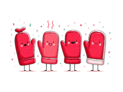 Cute Red Winter Mitten Cartoon Characters Celebrating
