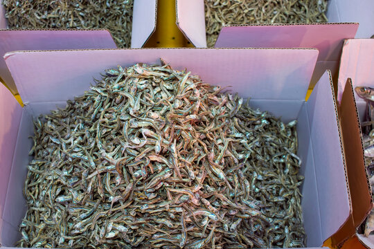 Boxes filled with small dried anchovies (Engraulidae) at a street market in Busan, South Korea.