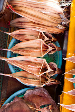 Dried fish displayed at a street market in Busan, South Korea.