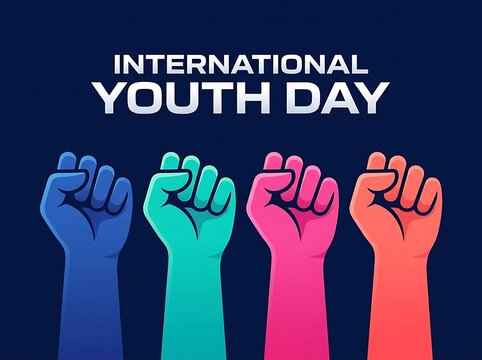 Colorful raised fists illustration celebrating international youth day with vibrant energy and solidarity message