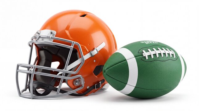 Orange american football helmet paired with green ball isolated studio shot on white background