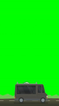 Animated hearse driving carrying a coffin, representing funeral services, bereavement, mourning, and final journey. Chroma key green screen with alpha channel. (loopable,vertical)
