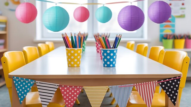 Colorful classroom setup with paper lanterns and bunting flags over tables with pencil cups for children education and school party decoration