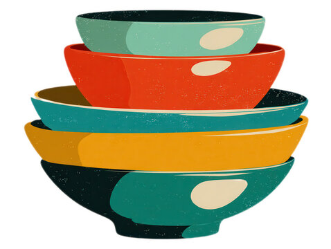 Stacked Colorful Mid-Century Ceramic Bowls Illustration
