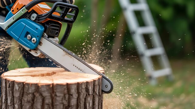 Detailed view of a chainsaw blade cutting into a wooden log with flying sawdust particles and a blurred ladder in the background, of a garden