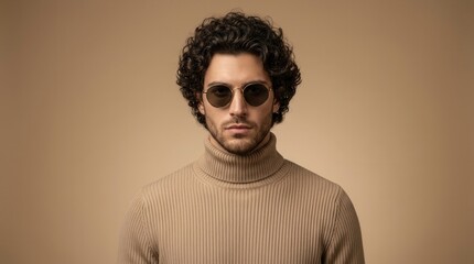 Fototapeta premium Cool sophisticated mood of a young man with curly hair in a beige turtleneck wearing round sunglasses.