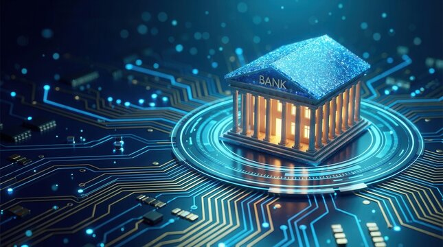 Futuristic building on a circuit board in a conceptual digital illustration symbolizing a digital banking system and connectivity