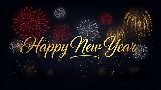 Happy new year fireworks celebration with cursive text