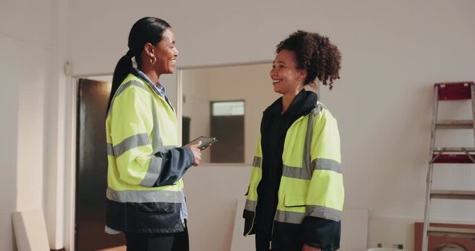 Architect, team or happy on construction site for fist bump, building progress or inspection pass. Tech, women or celebration for architecture goal, permit clearance or success of renovation deadline