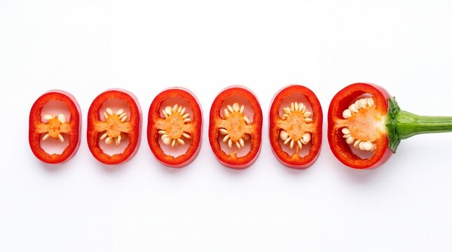 Freshly sliced organic red chili pepper rounds arranged in horizontal row displayed on white background