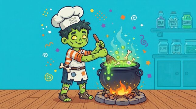 Cute cartoon zombie chef cooking a magical potion in a cauldron