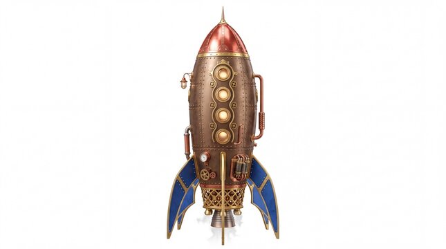 Elaborate steampunk rocket ship featuring vintage copper metal and glowing port windows shown on white background