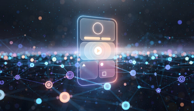 Mobile video application design and online media platform. App interface networking. Glowing mobile application card floating over colorful node network matrix field