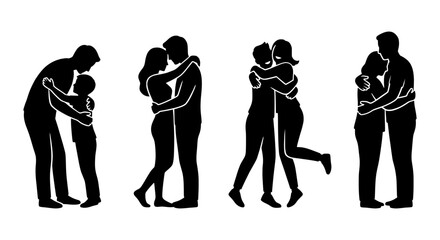 Diverse Couple Hugs, Family Embrace, Friendship Connection, Vector Silhouettes