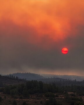 Red sun glowing through thick wildfire smoke over forested hills with orange hazy sky &mdash; smoke pollution landscape concept