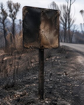 Charred burnt road sign along scorched roadside after wildfire with blackened trees &mdash; fire aftermath destruction concept