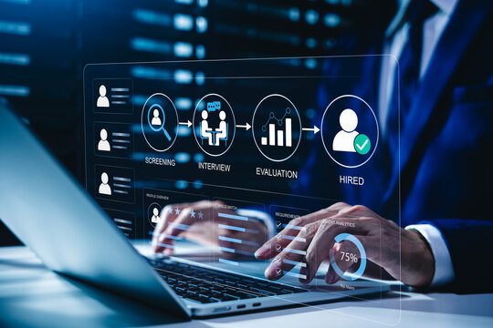 Recruitment workflow dashboard helps hiring professional screen candidate, conduct interview, evaluate skills, match requirement, analyze talent, select qualified employees, human resources technology