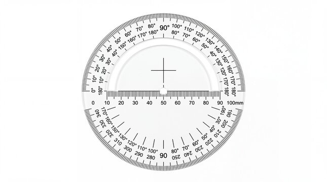 Circular plastic protractor used for measuring angles accurately in educational mathematics settings on white background