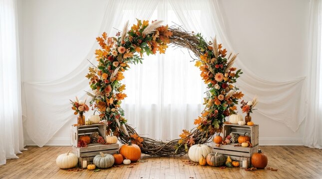 Autumn wedding arch with pumpkins and fall foliage