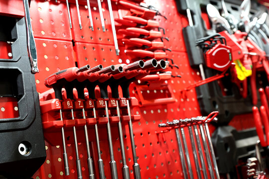 Tool box with various type of tools exhibited for sale to the public at a construction tools and equipment fair.
