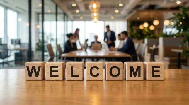 Business people at a conference in a blurred background with wooden cubes spelling WELCOME on a meeting room table.