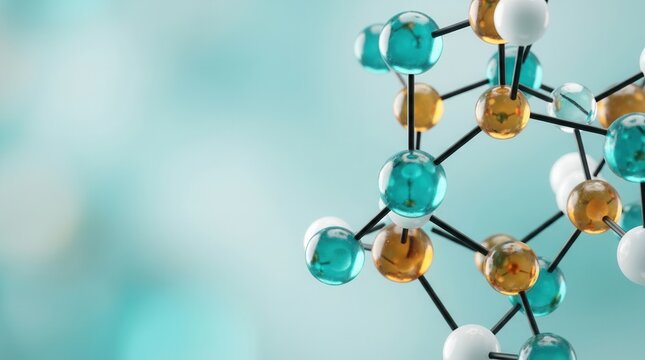 Chemistry research and bio tech 3D render featuring an intricate abstract molecular structure with bright colored atoms and black chemical bonds.