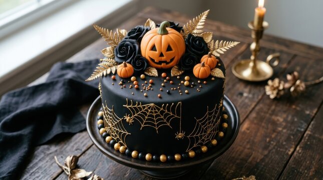 Elegant halloween cake with gold accents and pumpkins
