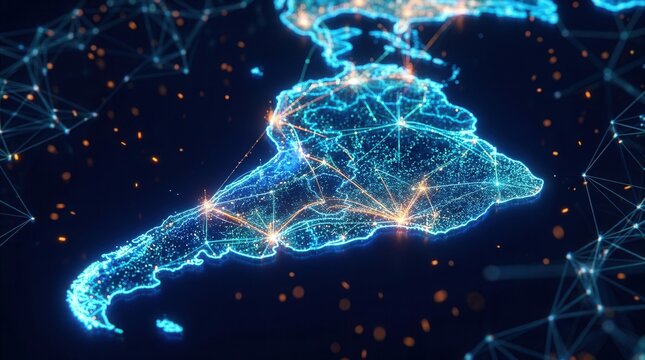 Cyberspace communication and business tech illustration showing a digital map of South America with blue and orange connectivity.