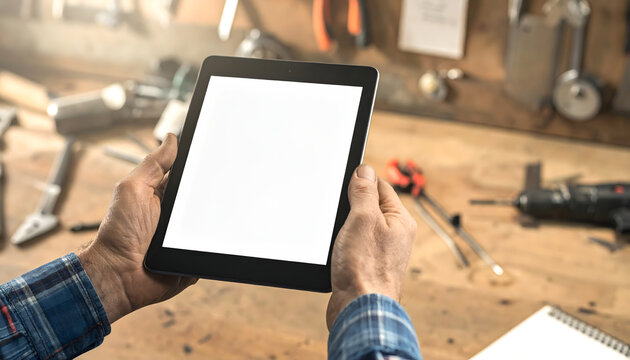 Rough work worn hands holding tablet showing simple invoice layout creating capable honest mood generative AI
