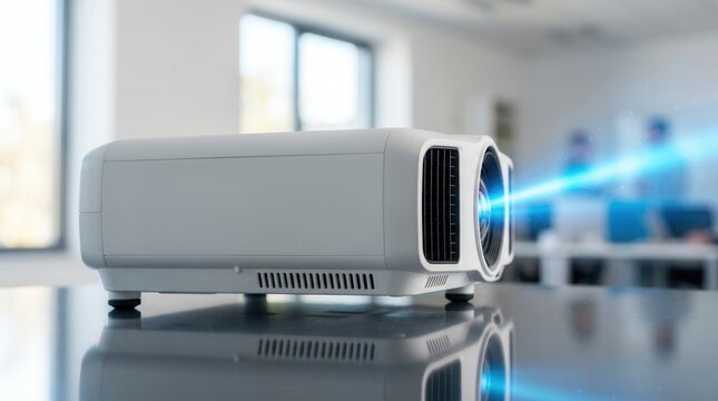 A modern video projector sits on a reflective surface indoors, casting a bright blue light beam for a presentation.