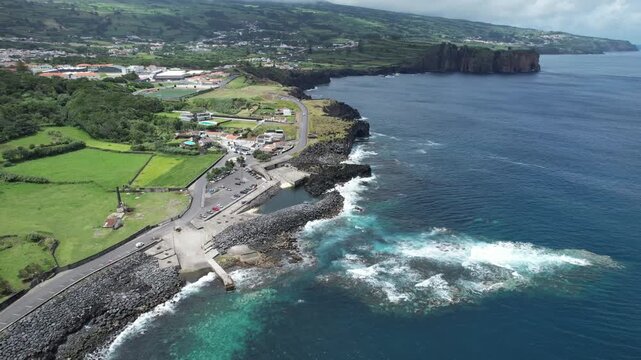 Aerial panoramic view of Po&ccedil;os de S&atilde;o Vicente Ferreira, a volcanic natural swimming area on the north coast of S&atilde;o Miguel Island, Azores, Portugal