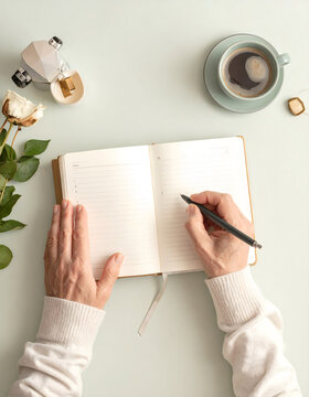 Older hands writing appointment into paper planner creating organized calm mood generative AI