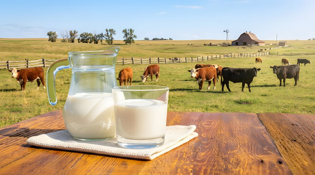 Fresh Milk in Glass Pitcher and Glass on Wooden Table with Cows Grazing on Sunny Farm Background