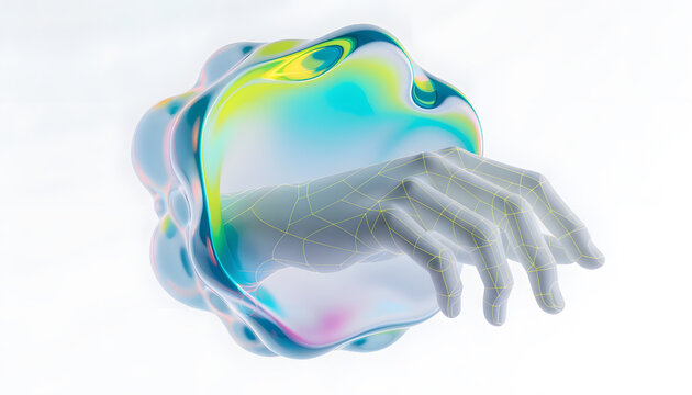 Digital wireframe human hand emerging from iridescent bubble. Touch virtual technology and metaverse interface concept. 3D wireframe hand reaching out from liquid shell
