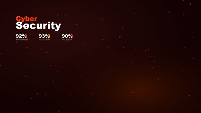 Abstract cyber security presentation template with data metrics and floating particle elements for digital business concepts