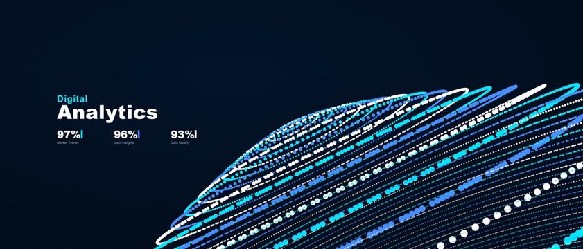 Abstract data analytics visualization with glowing blue particle wave motion and corporate performance information metrics