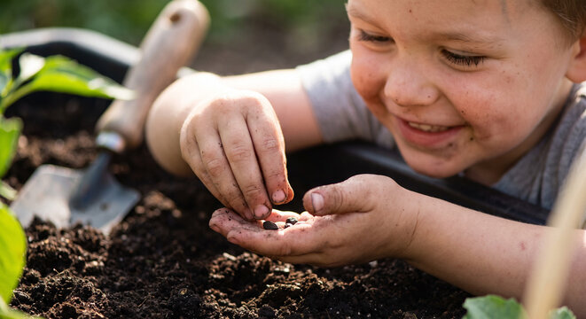 Child's hands getting dirty in soil while planting seeds genuinely joyful