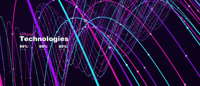Abstract digital data flow visualization showing financial technology metrics with vibrant neon pink and blue lines