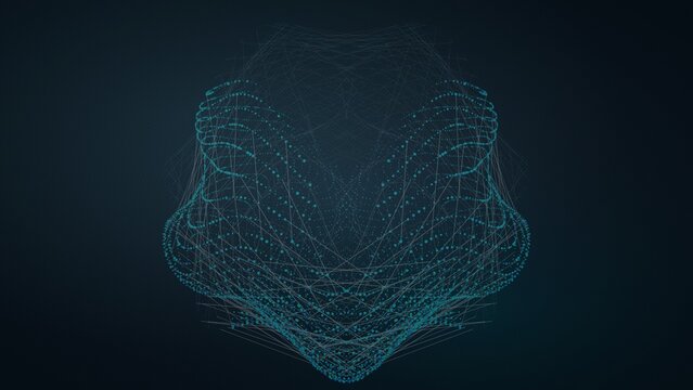 Abstract digital network structure composed of glowing cyan particle connections representing complex data flow and information
