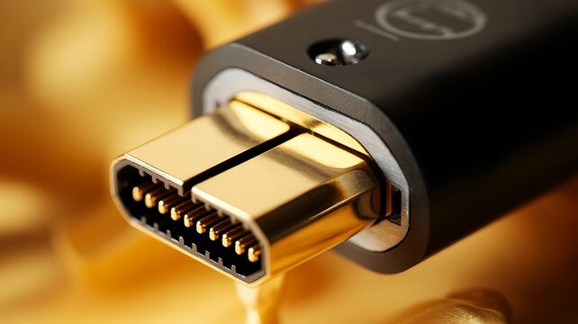 Close up of a gold usb type c charging cable connector