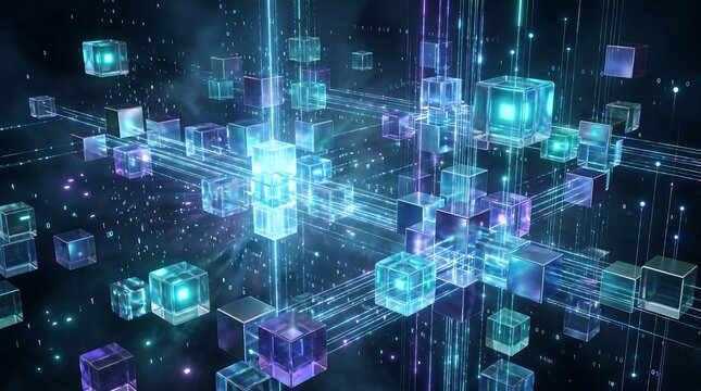 Abstract digital network concept with floating glowing data cubes abstract technology connection information computing structure geometric