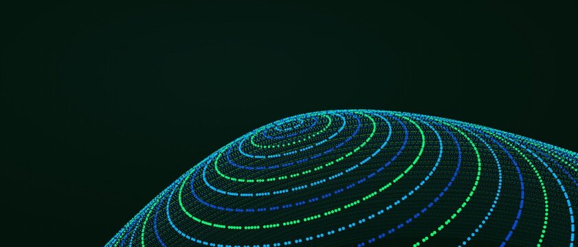 Abstract hemispherical network structure made of interconnected glowing blue and green light particle rings