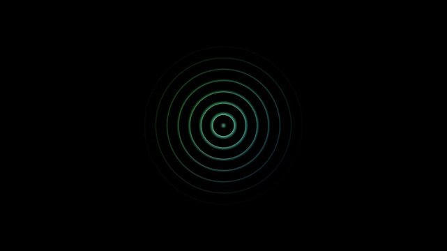 Luminous green and blue concentric circles radiating on a solid deep dark black background field